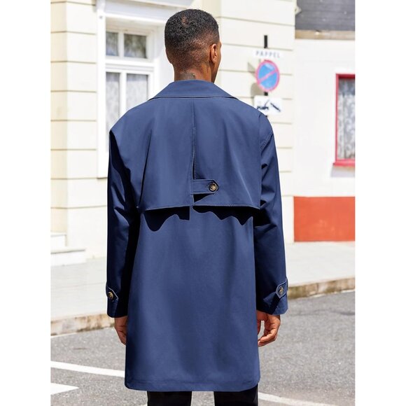 💫 Men Blue Mid Long Trench Coat Single Breasted Slim Fit Casual Fall Jackets - Picture 3 of 5